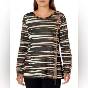 Nic+Zoe Animal Print Mighty Zip Hem Boatneck Pullover Sweater Zipper Accent